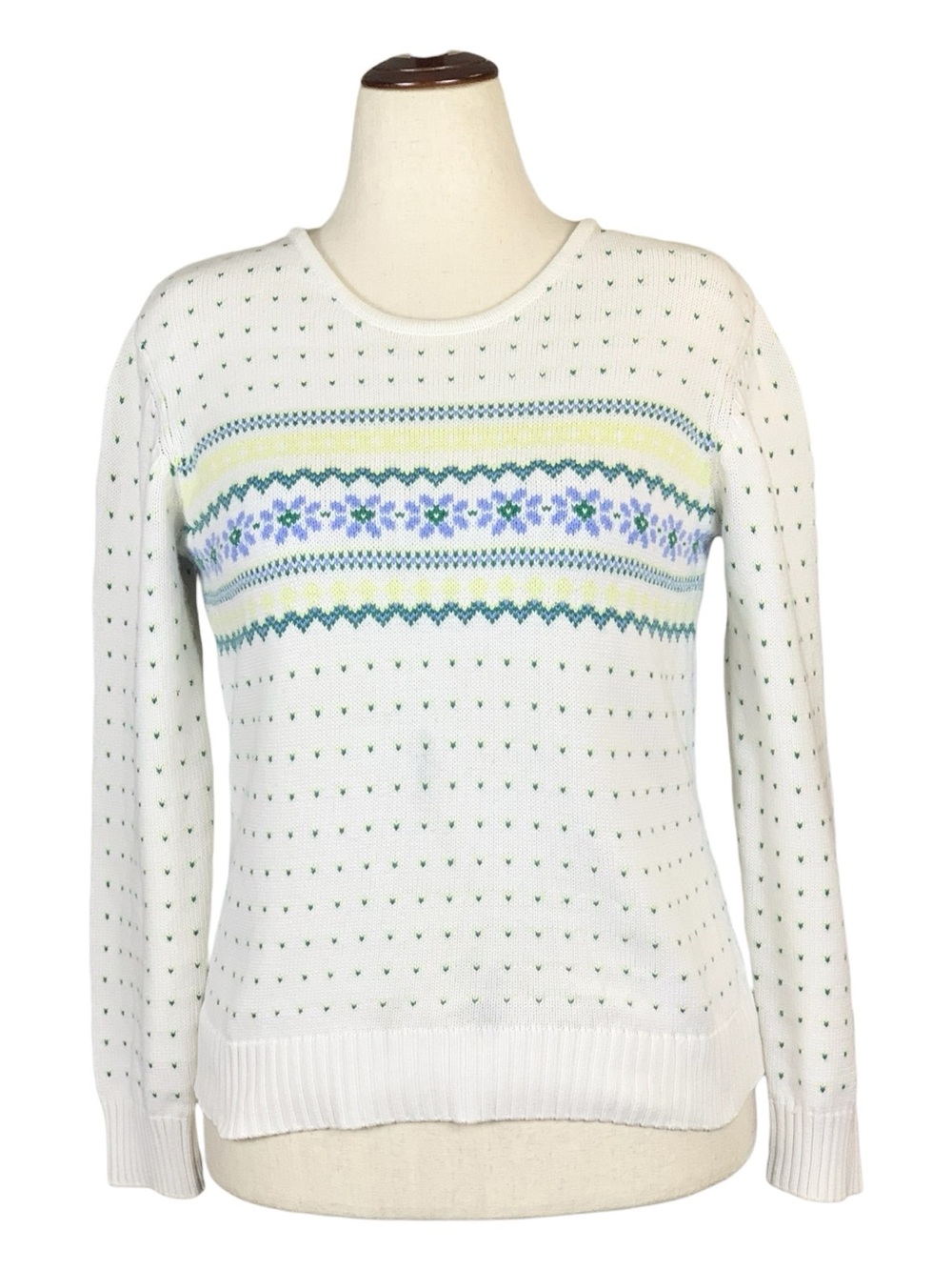 VTG Madison‎ & Max White Floral Fair Isle Crewneck Sweater 100% Cotton Medium